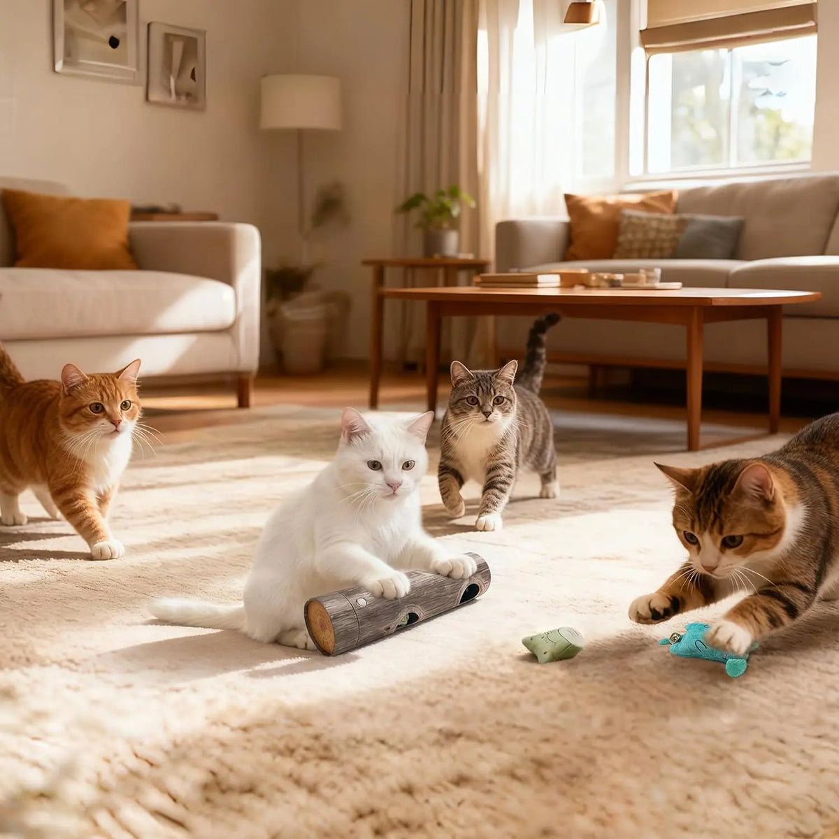 Two-indoor-cats-playing-with-cardboard-hide-and-seek-toy
