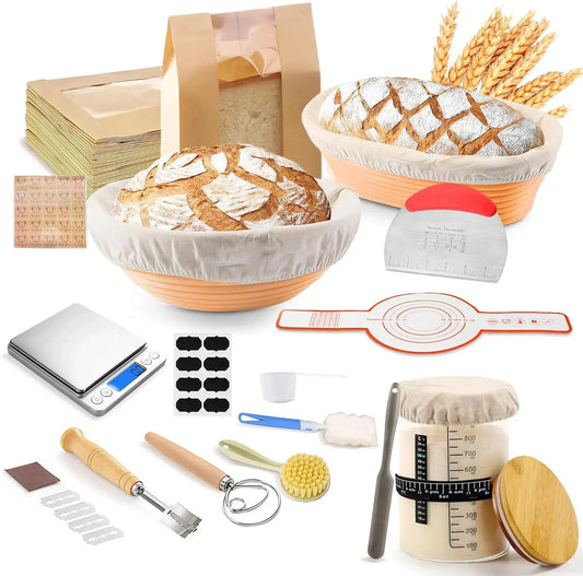 Googgoing bread starter sourdough kit with proofing baskets, digital scale, scraper, dough whisk, and measuring tools