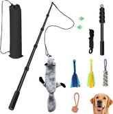 AmaCielo retractable flirt pole dog with plush toy, multiple attachments, and carrying bag for pet play