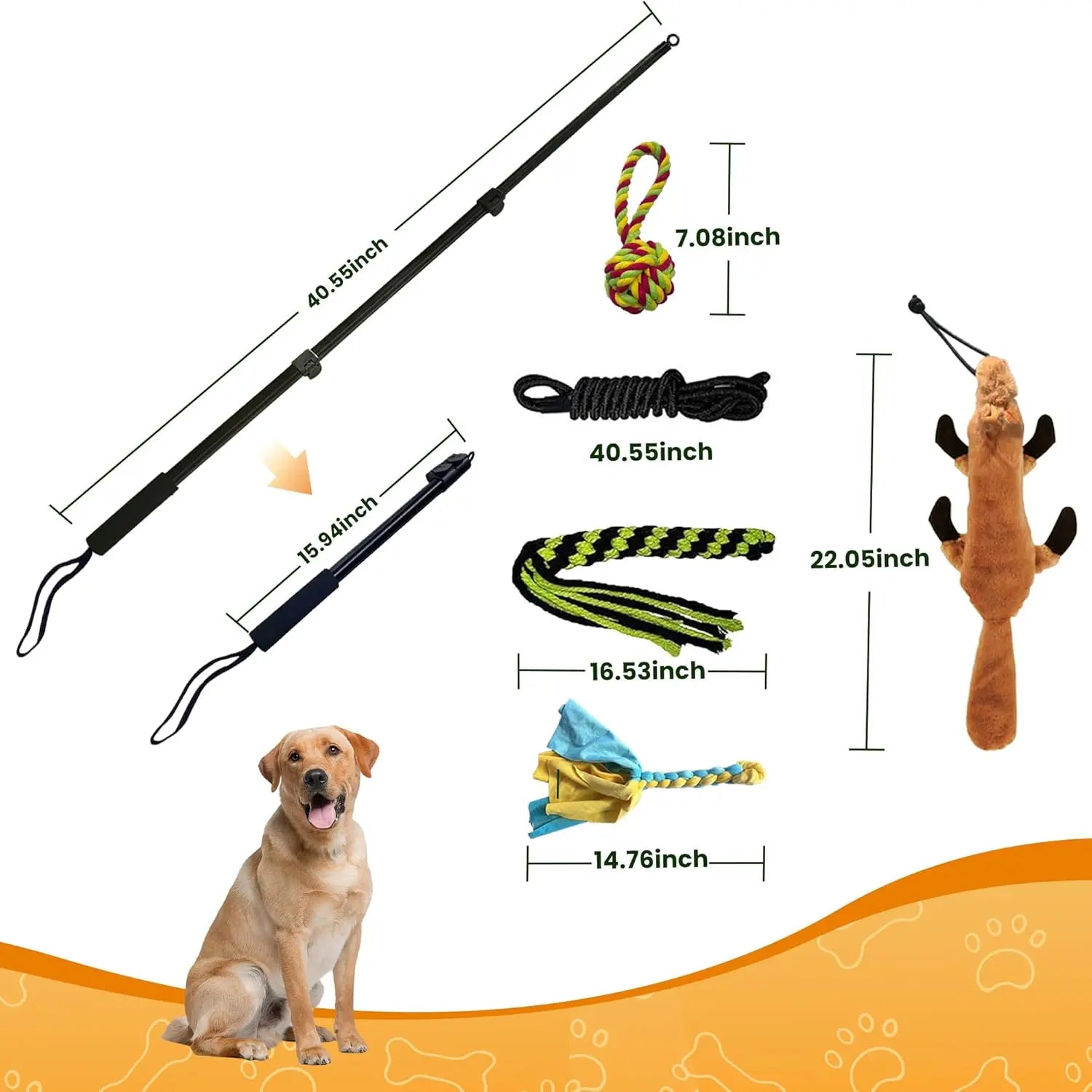 GRETMIX flirt pole for dogs with multiple interchangeable toys including a poodle dog toy and measuring details