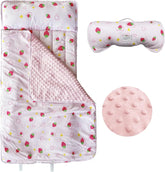 Googgoing toddler sleep sack with pink strawberry print and matching textured pillow for comfort