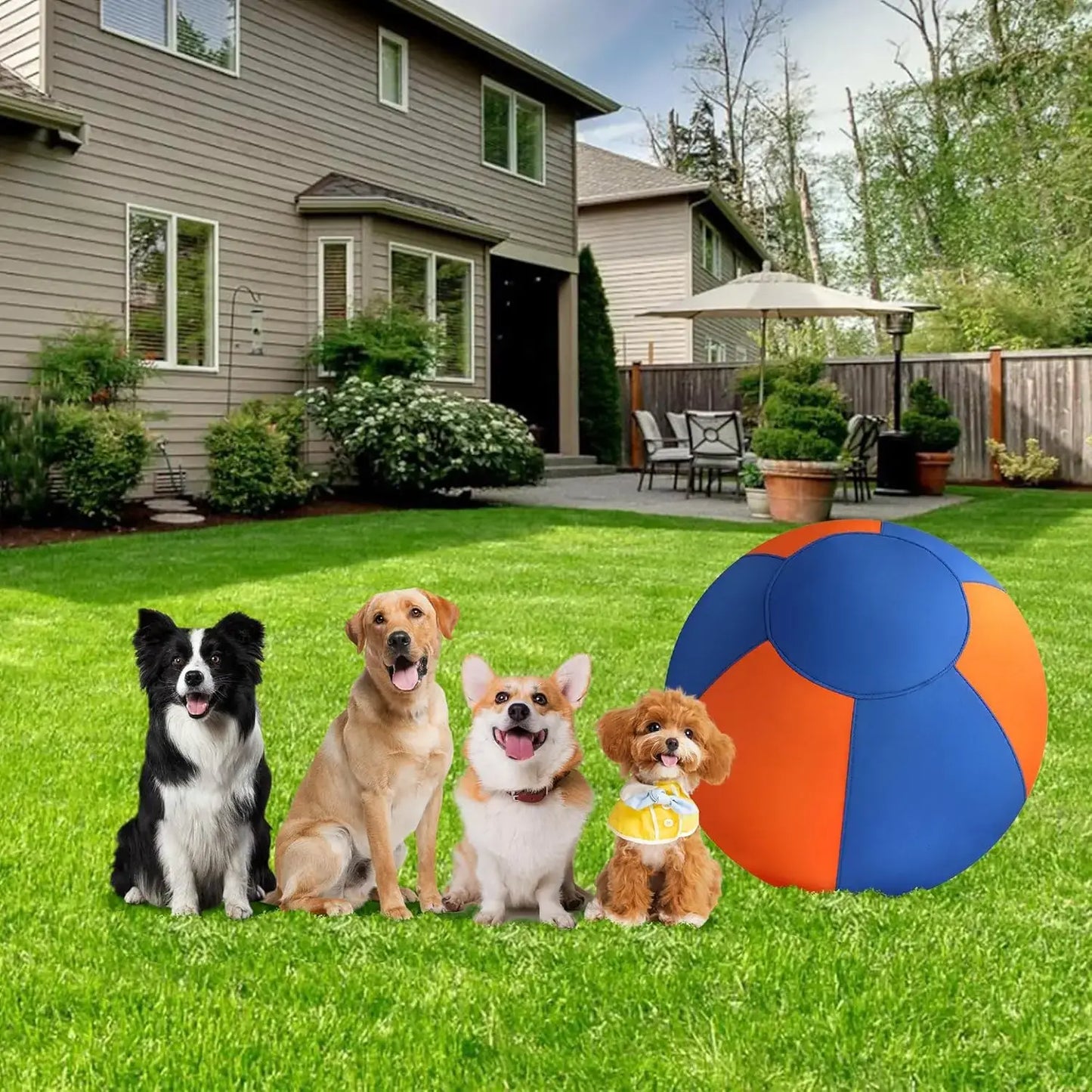 GRETMIX herding ball next to four dogs including a toy dog poodle sitting on green grass lawn