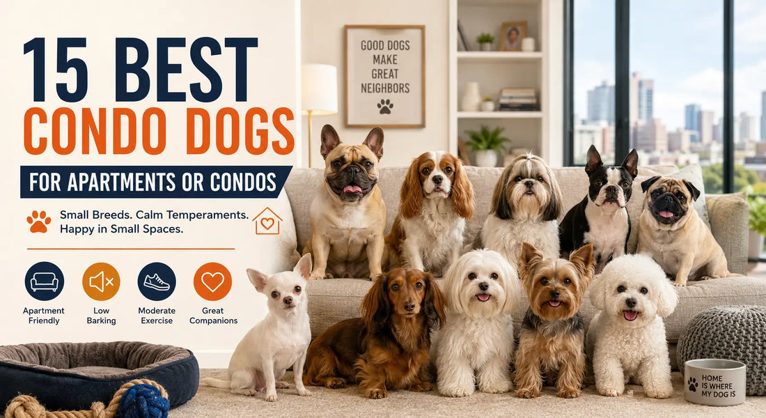 15 best dogs for condo living shown sitting together in a modern apartment living room