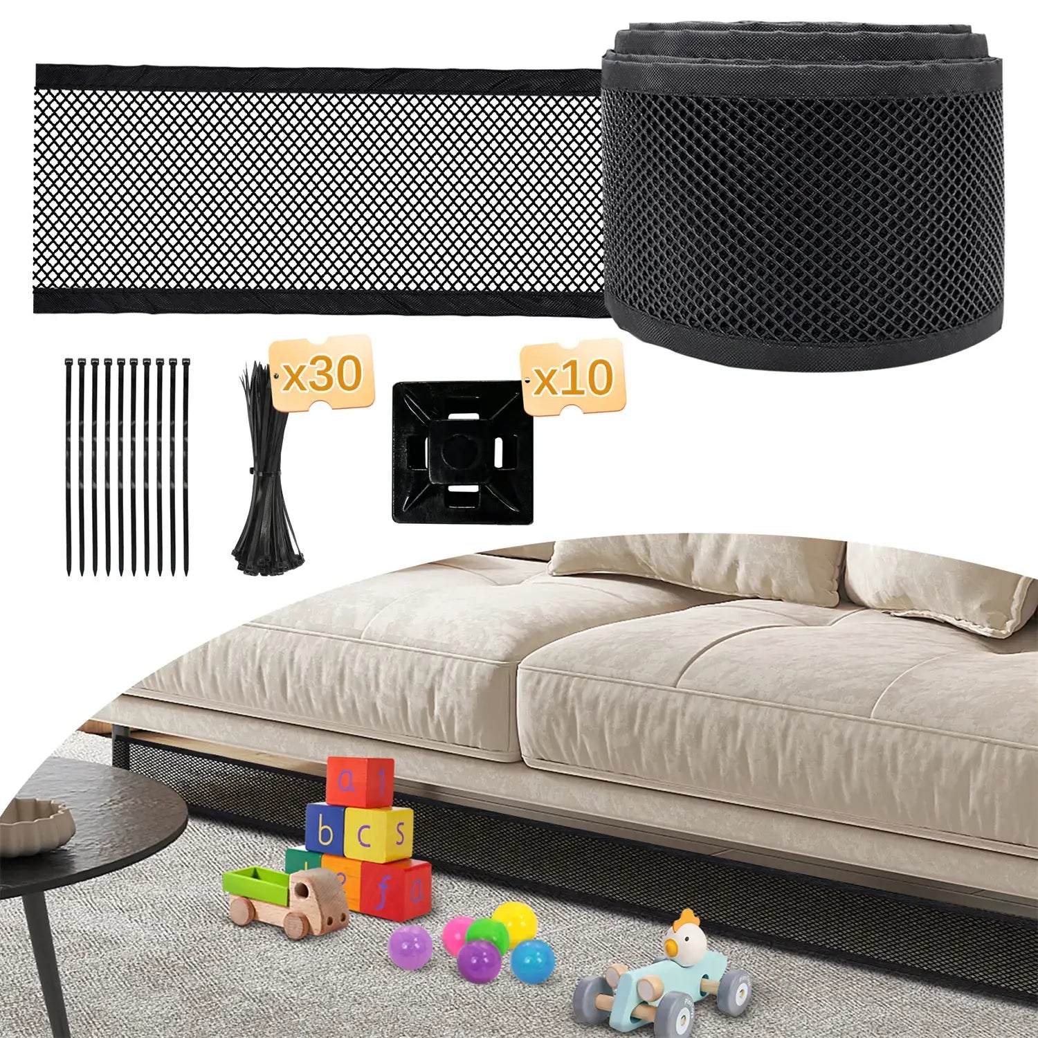 Under Furniture Blocker Kit – Extra Long Pet & Toy Barrier with Zip Ties Black