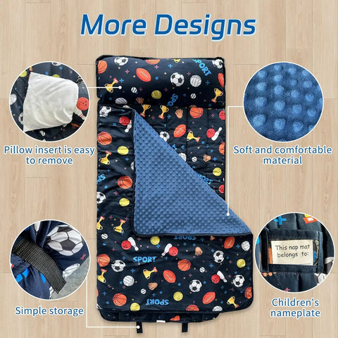 Googgoing | Roll-Up Travel Nap Mat for Toddlers – All-in-One Sleep Set with Pillow & Soft Blanket for Daycare, Camping
