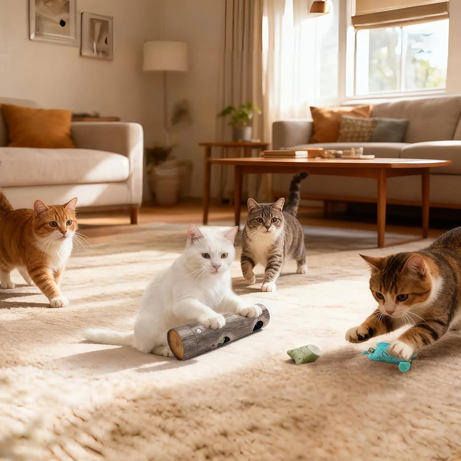 Two-indoor-cats-playing-with-cardboard-hide-and-seek-toy