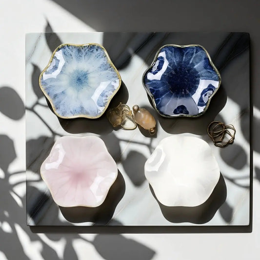 Ceramic Jewelry Tray - Elegant Lotus & Flower Trinket Dish