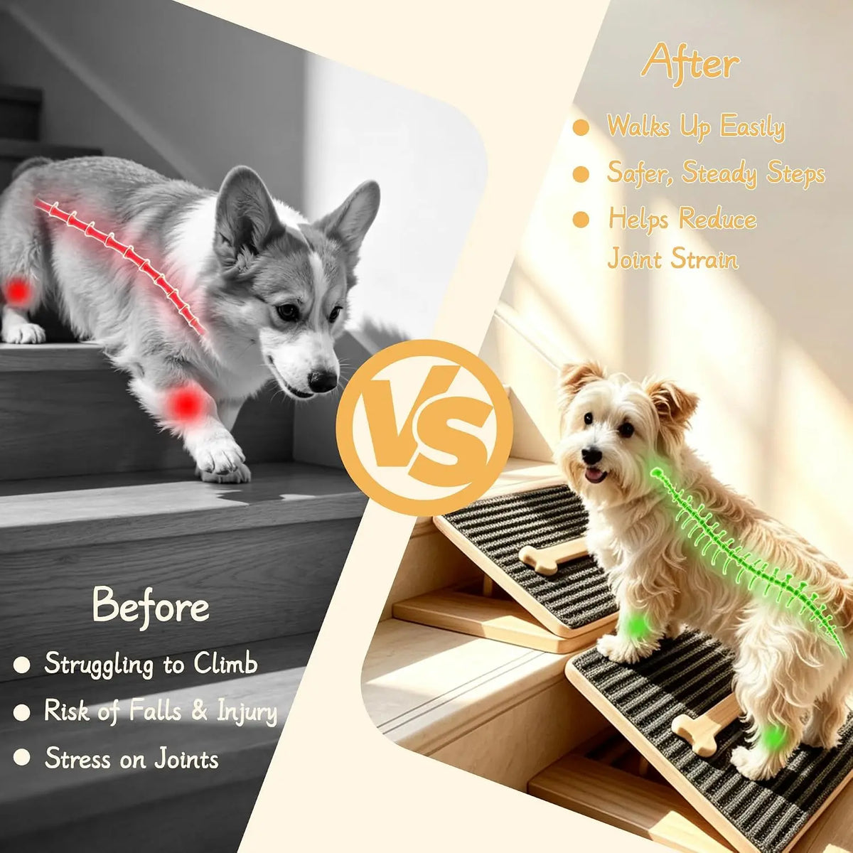 AmaCielo Foldable Wooden Dog Ramp – Adjustable Non-Slip Pet Stairs Ladder -2 Pack