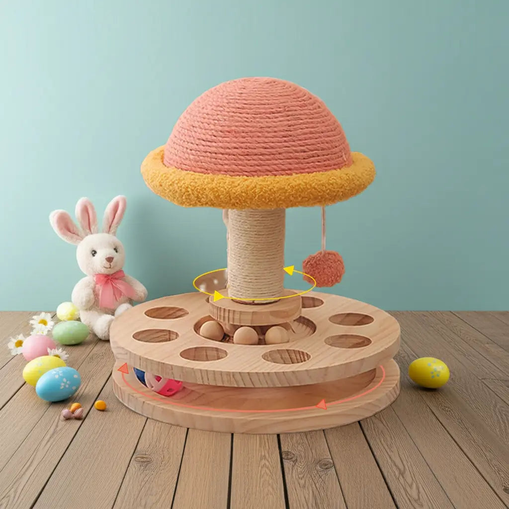 Warmmore Inc. scratching cat post with mushroom design, wooden base, and hanging pom pom toy