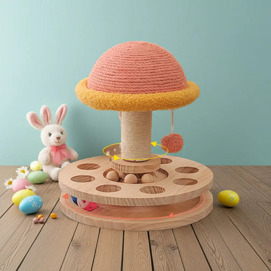 Warmmore Inc. scratching cat post with mushroom design, wooden base, and hanging pom pom toy