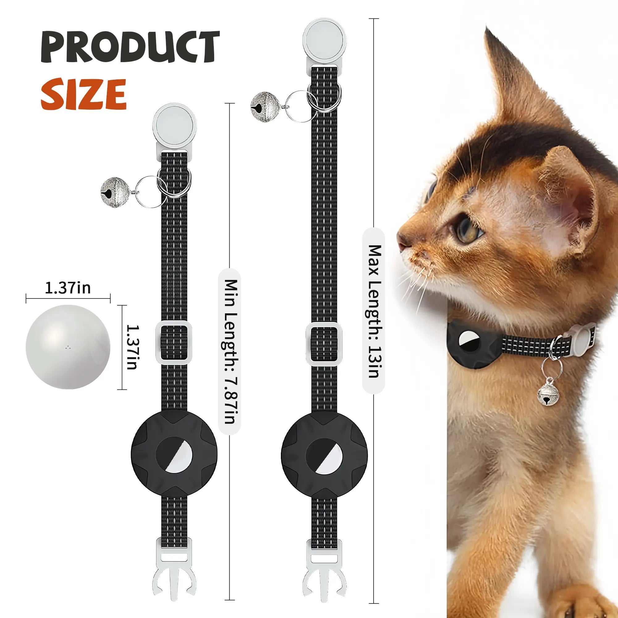 Adjustable black cat tracker collar fitting neck 7.8 to 13 inches