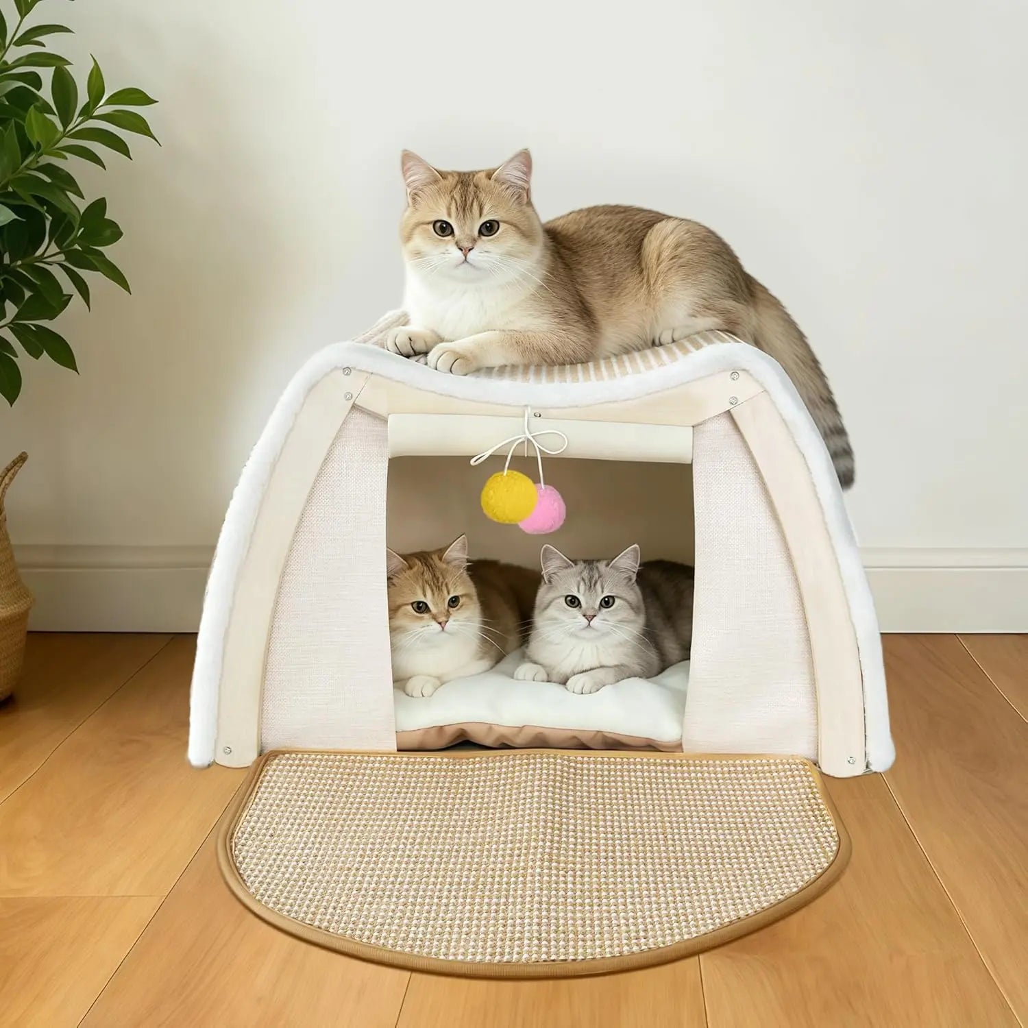 All-in-one wooden cat house and natural sisal scratcher mat main view