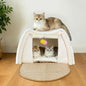 All-in-one wooden cat house and natural sisal scratcher mat main view