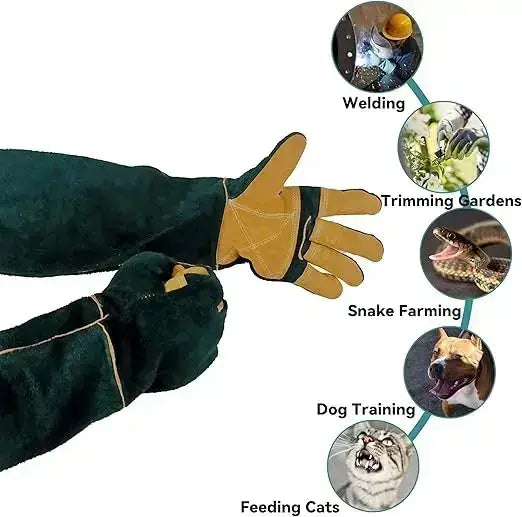 WarmMore Inc. animal handling gloves in brown and black for welding trimming gardens snake farming dog training and feeding cats