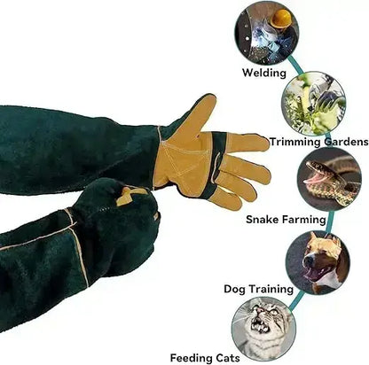 WarmMore Inc. animal handling gloves in brown and black for welding trimming gardens snake farming dog training and feeding cats