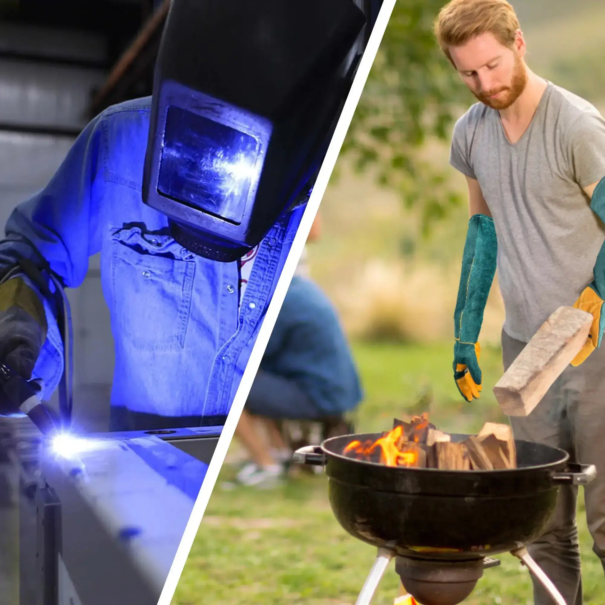 WarmMore Inc. animal handling gloves worn by a man tending a fire and a welder in protective gear