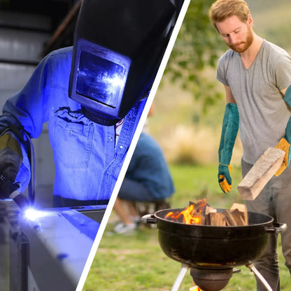 WarmMore Inc. animal handling gloves worn by a man tending a fire and a welder in protective gear