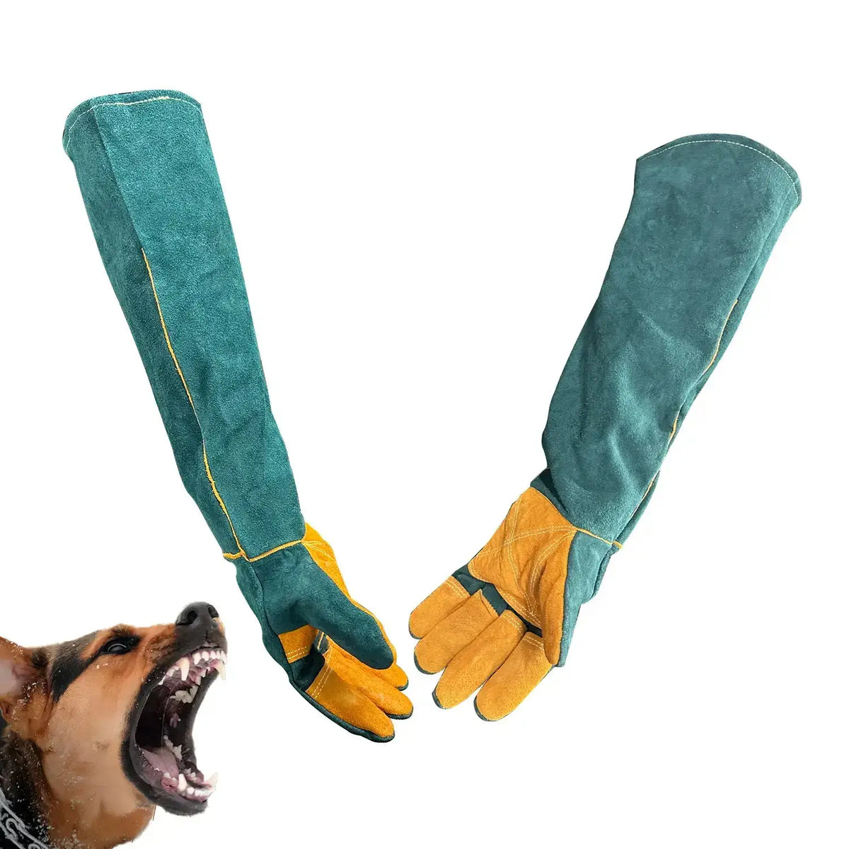 WarmMore Inc. animal handling gloves with extended protective sleeves in green and yellow leather