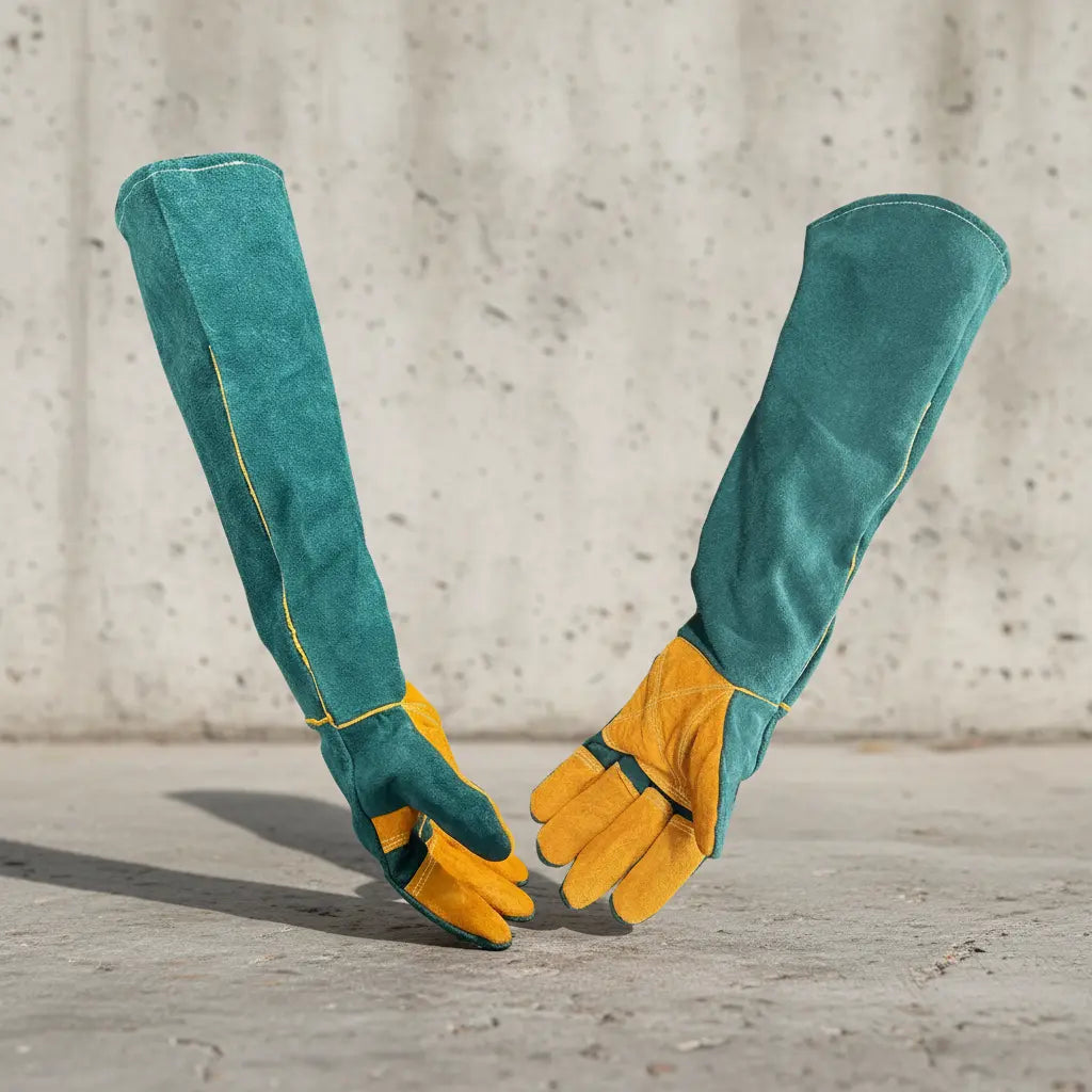 WarmMore Inc. green and yellow long animal handling gloves with reinforced palms for protection