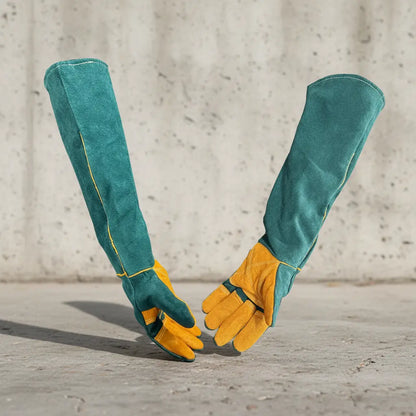 WarmMore Inc. green and yellow long animal handling gloves with reinforced palms for protection
