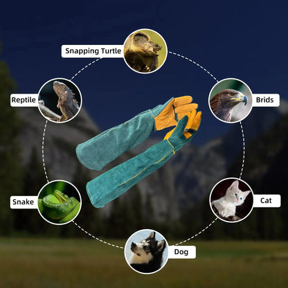 WarmMore Inc. animal handling gloves in green and yellow designed for reptiles, birds, cats, dogs, snakes, and snapping turtles