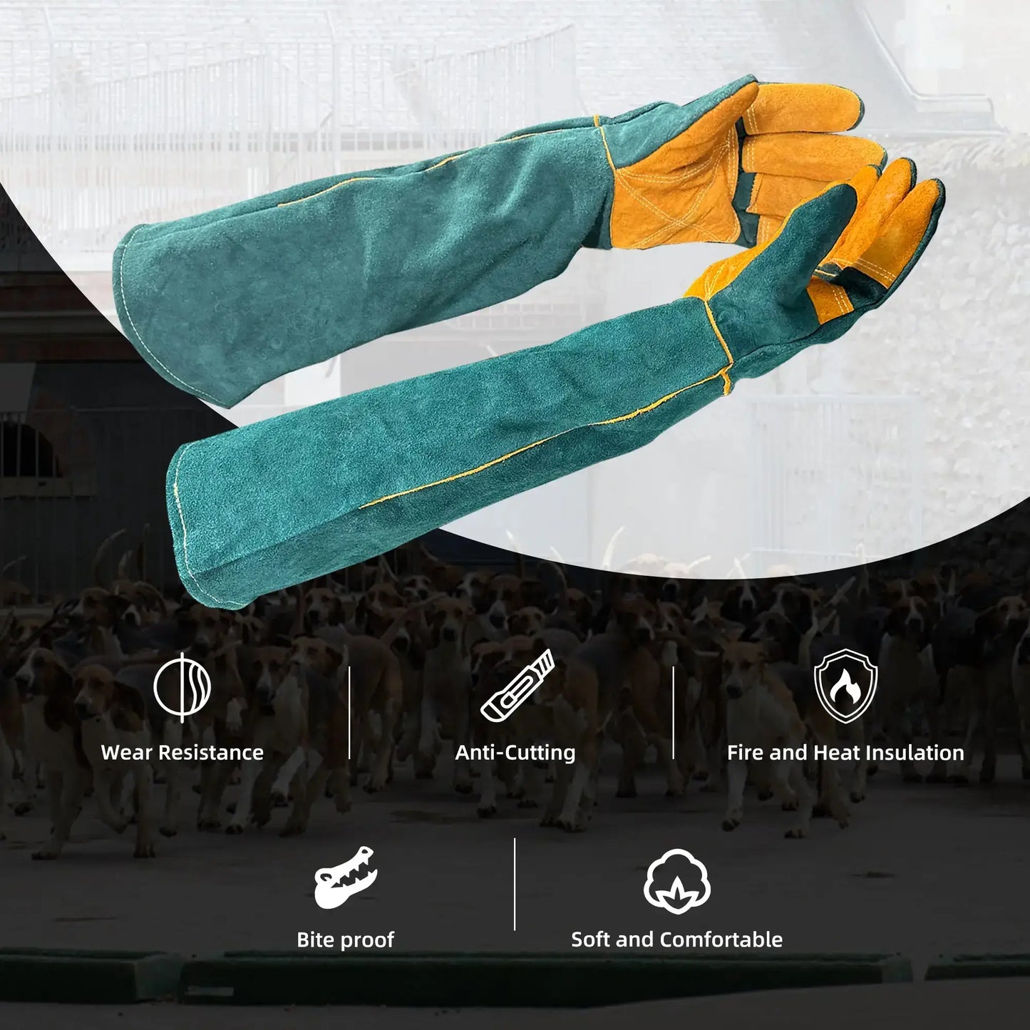 WarmMore Inc. animal handling gloves in green and yellow with anti-cutting and heat insulation features
