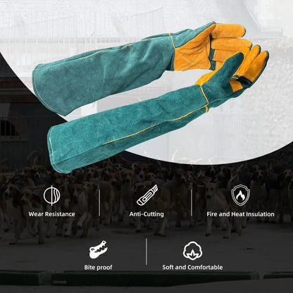 WarmMore Inc. animal handling gloves in green and yellow with anti-cutting and heat insulation features