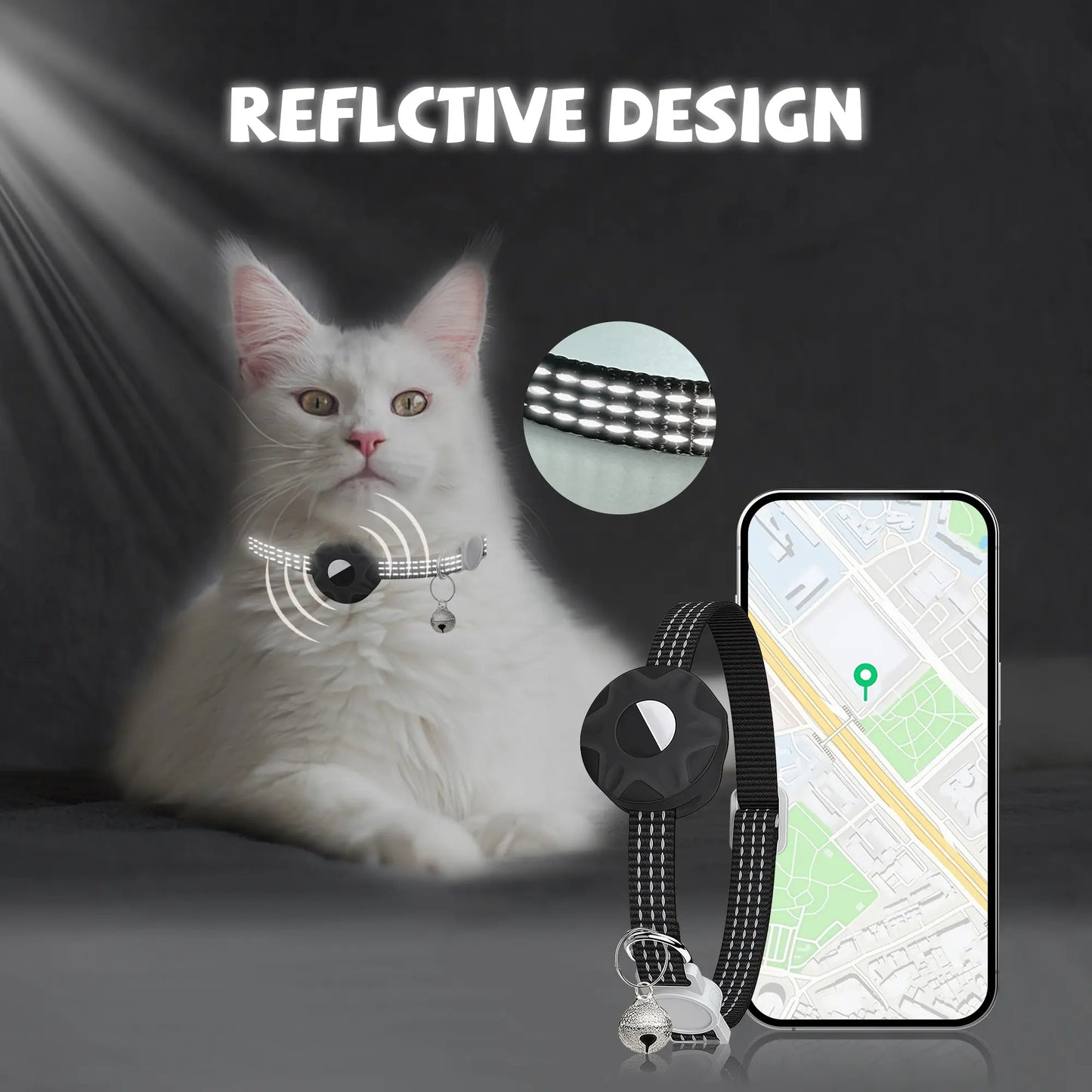 Black reflective cat tracker collar glowing in low light