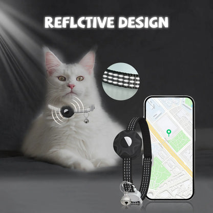 Black reflective cat tracker collar glowing in low light