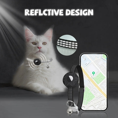 Black reflective cat tracker collar glowing in low light