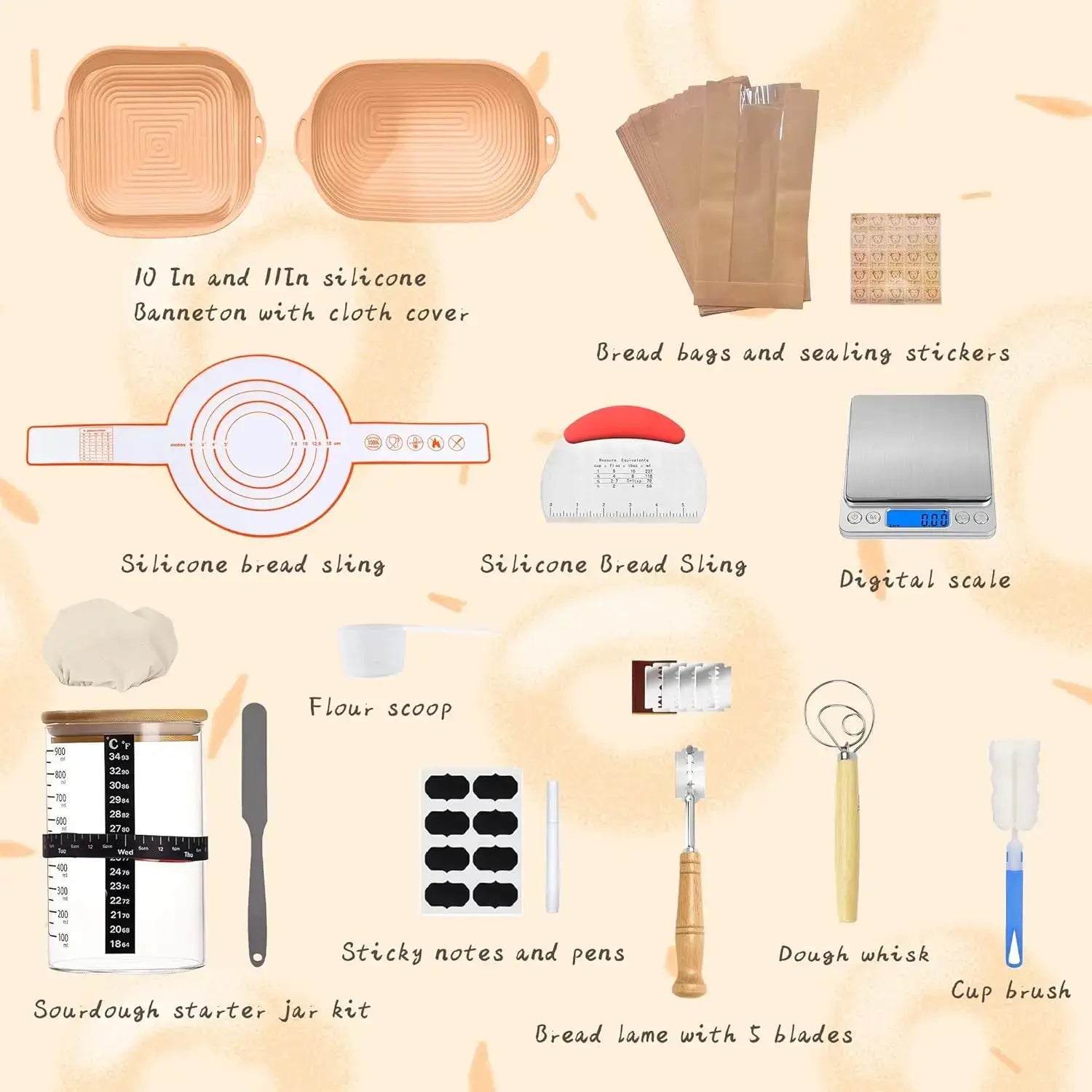 Googgoing bread starter sourdough kit with bannetons, bread bags, sealing stickers, silicone sling, digital scale, dough whisk, and starter jar