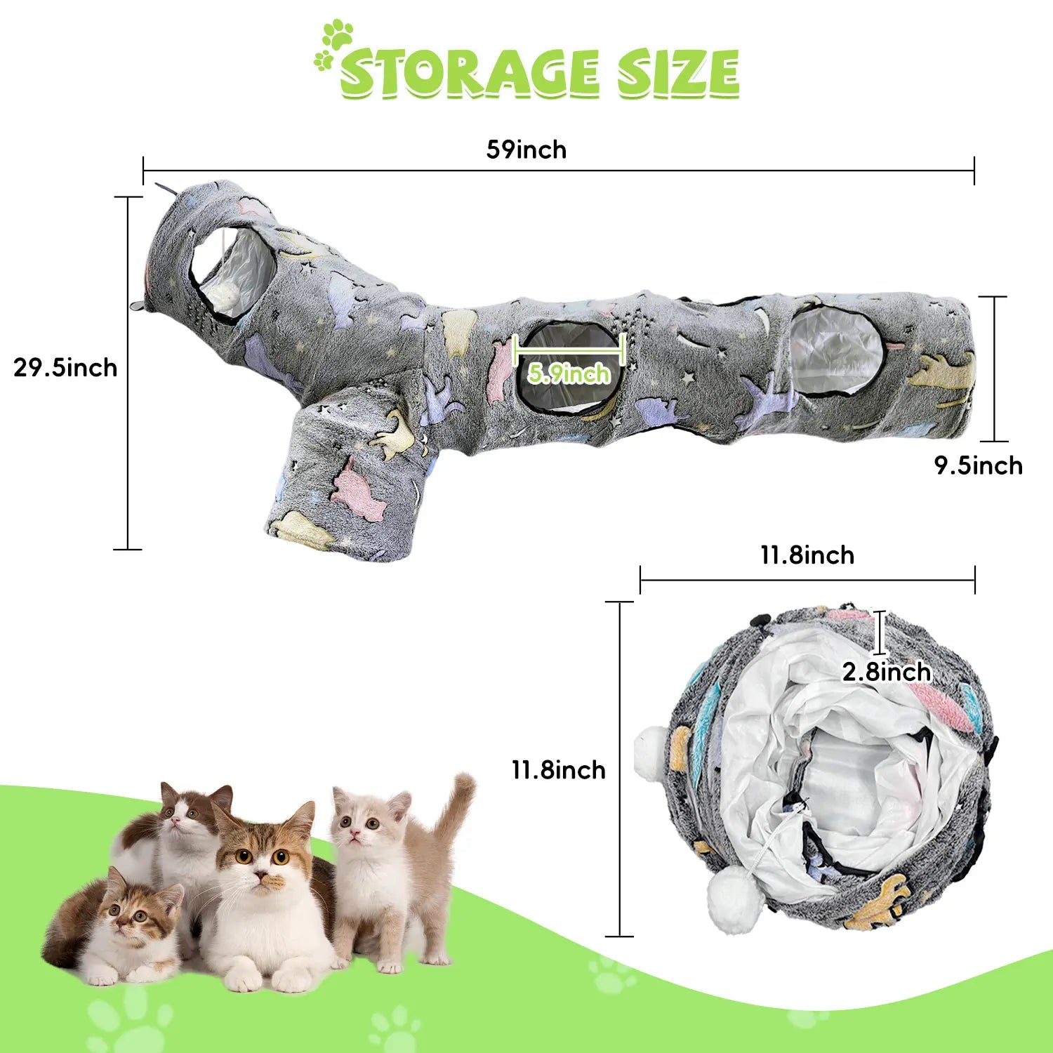 GRETMIX cat play tunnel with multiple openings in gray fabric featuring colorful cat patterns