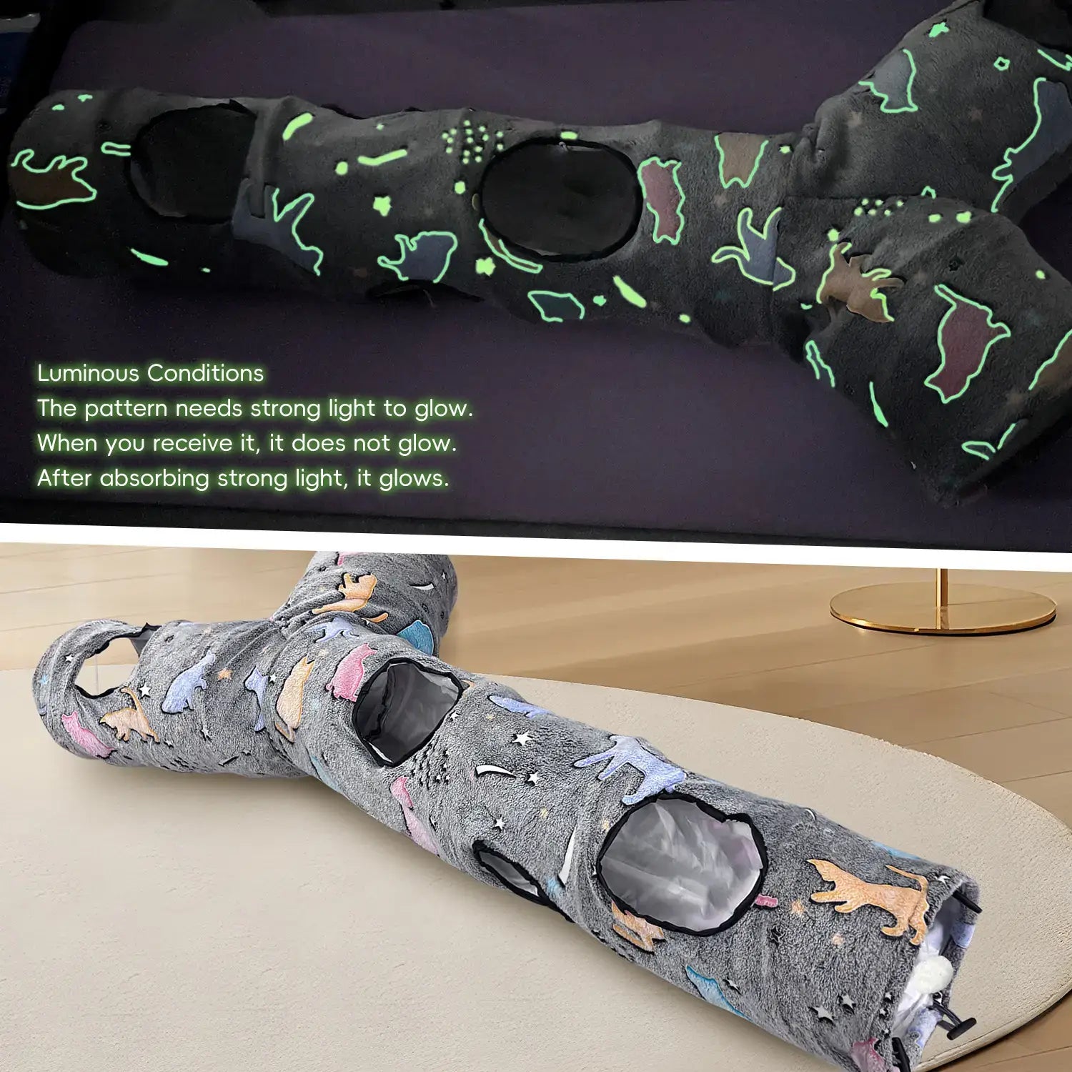 GRETMIX cat play tunnel with colorful cat patterns and multiple openings for interactive pet fun