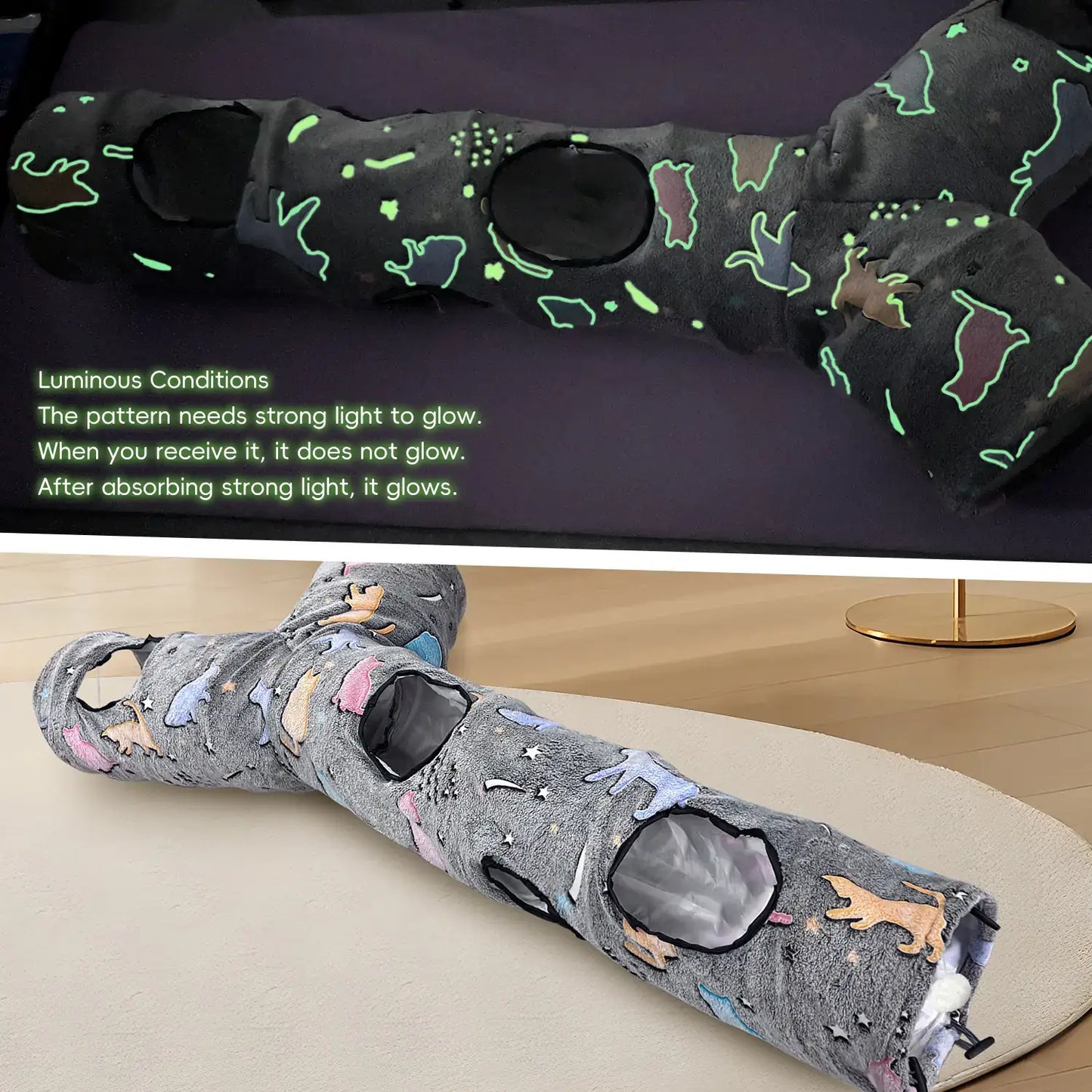 GRETMIX cat play tunnel with colorful cat patterns and multiple openings for interactive pet fun