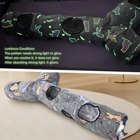 GRETMIX cat play tunnel with colorful cat patterns and multiple openings for interactive pet fun