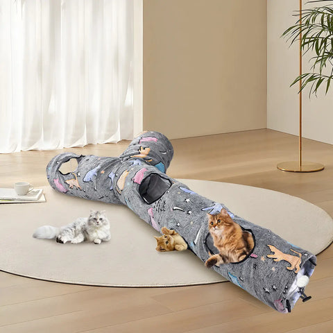GRETMIX gray cat play tunnel with playful animal prints and three cats interacting on and around it