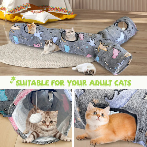 GRETMIX cat play tunnel in gray with colorful patterns featuring multiple cats playing and resting inside