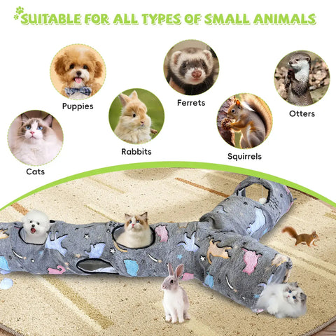 GRETMIX cat play tunnel in gray with colorful animal prints designed for cats and small pets