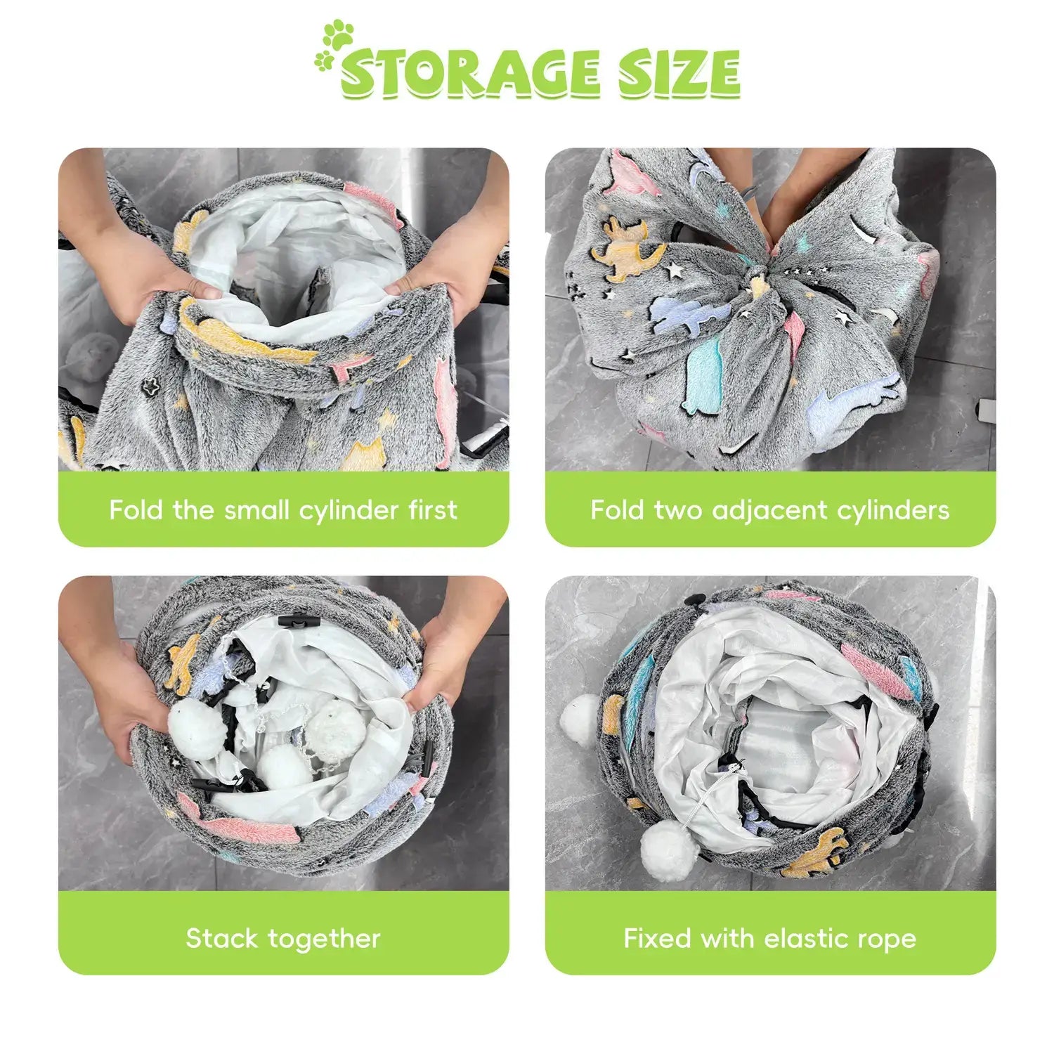 Step-by-step folding and storage instructions for GRETMIX cat play tunnel using elastic rope