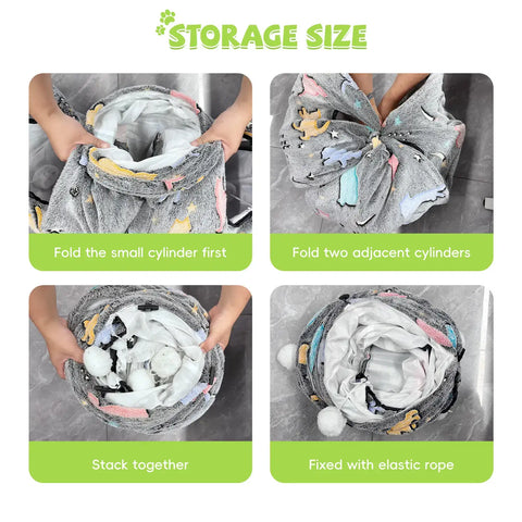 Step-by-step folding and storage instructions for GRETMIX cat play tunnel using elastic rope