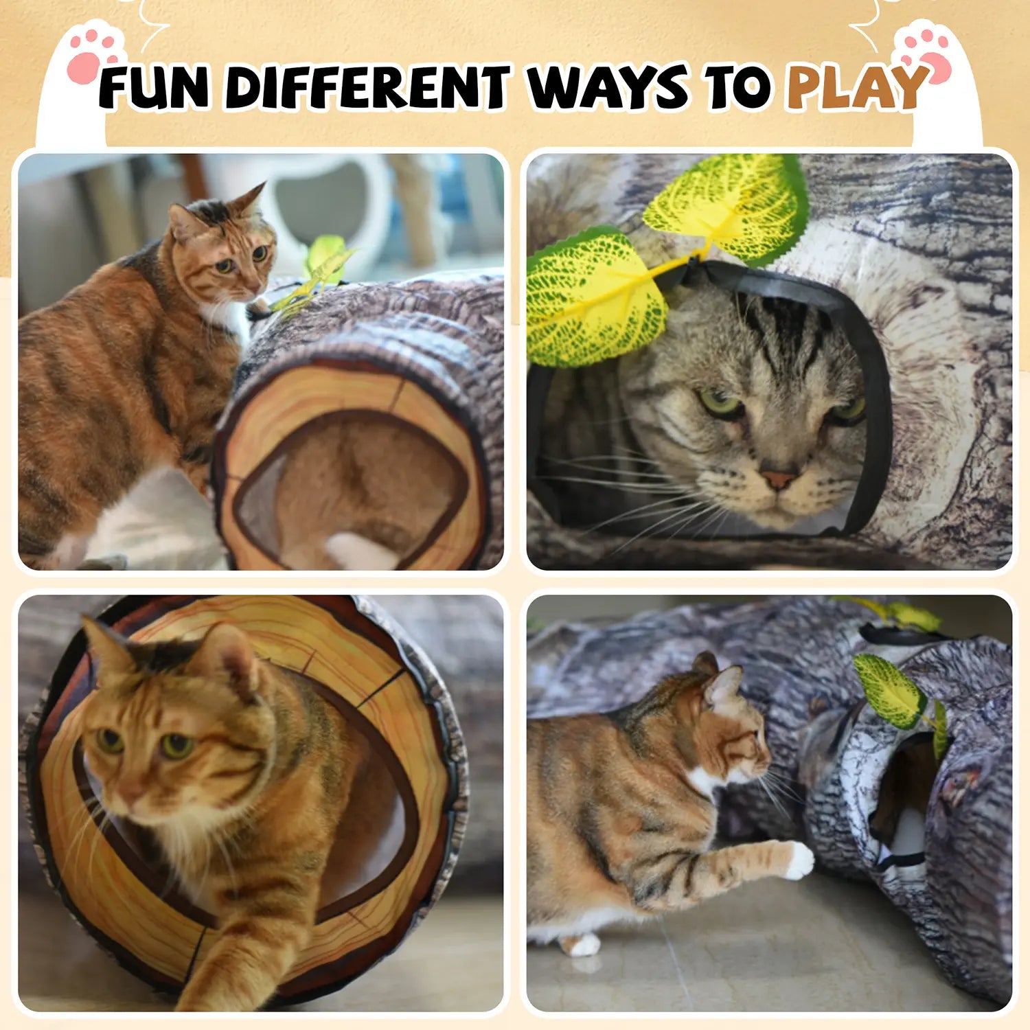 FelRelWel cat tunnels with cats playing, designed safe for indoor plants safe for cats use