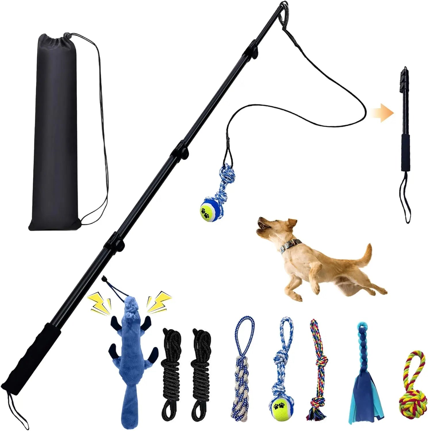 WarmMore Inc. flirt pole for dogs with multiple attachments and carrying bag for dog and puppy training