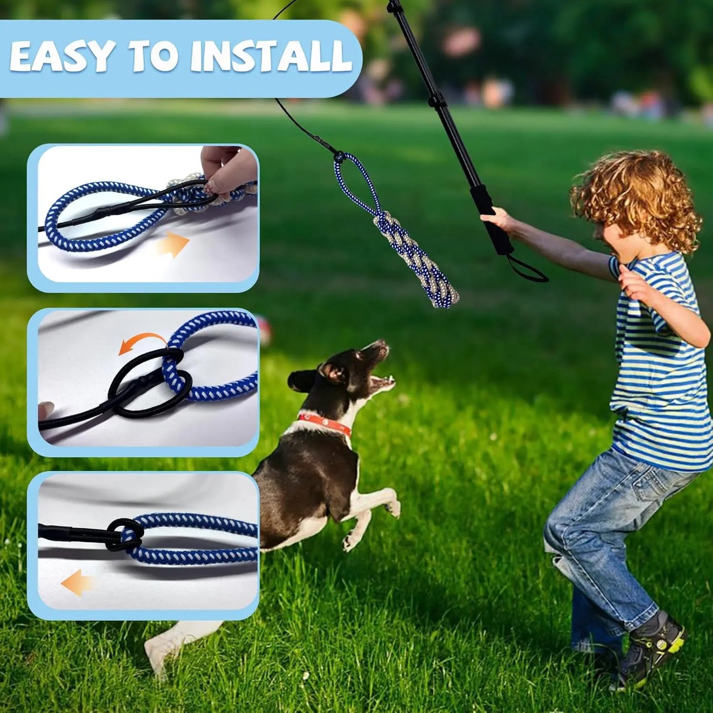 WarmMore Inc. Flirt Pole for Dogs showing easy installation steps and a child playing with a dog for dog and puppy training