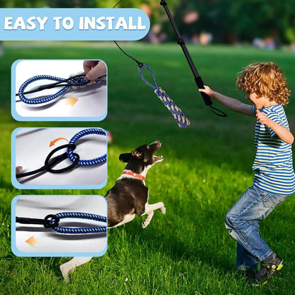 WarmMore Inc. Flirt Pole for Dogs showing easy installation steps and a child playing with a dog for dog and puppy training