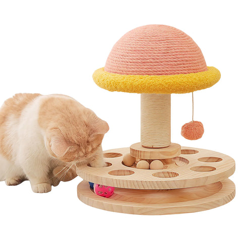 FelRelWel scratching cat post with wooden ball track and pink and yellow mushroom design