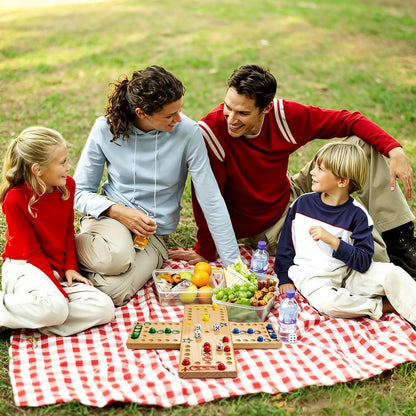 American family enjoying a classic wooden board game on family night