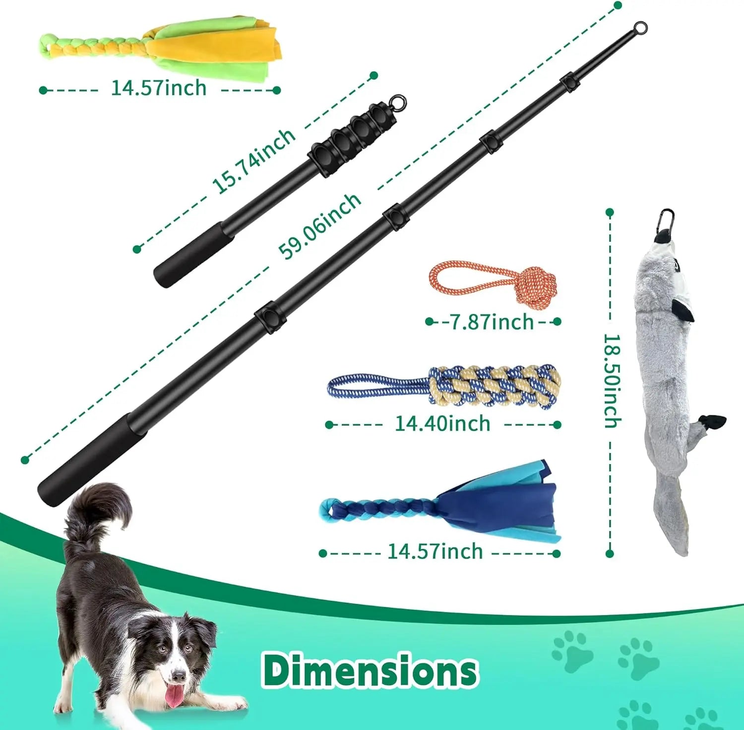 AmaCielo retractable flirt pole dog with multiple colorful dog toys and detailed dimensions