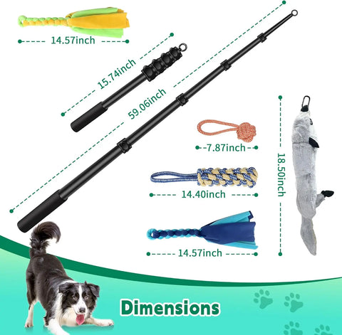 AmaCielo retractable flirt pole dog with multiple colorful dog toys and detailed dimensions