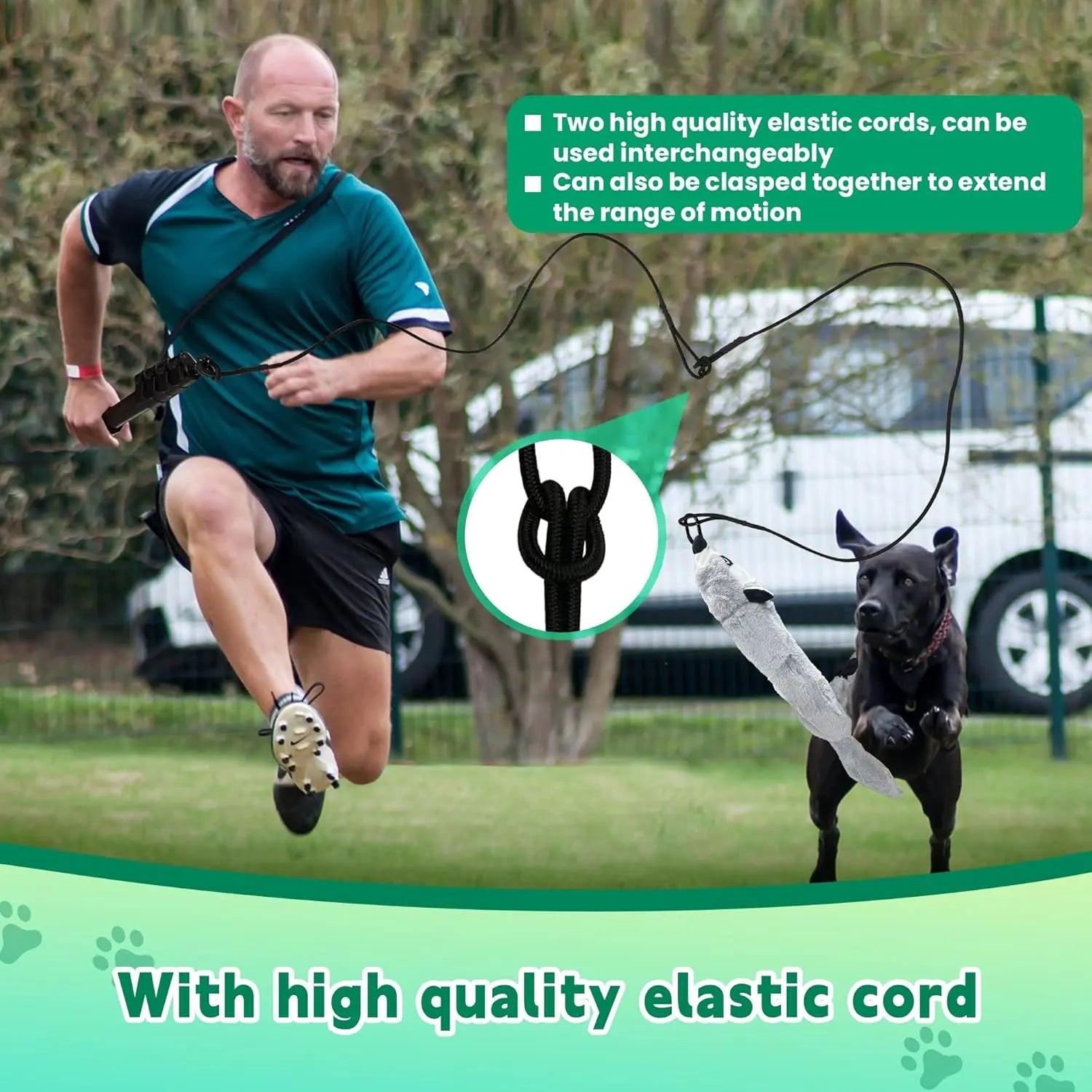 AmaCielo retractable flirt pole dog with high quality elastic cord used by man playing with black dog outdoors