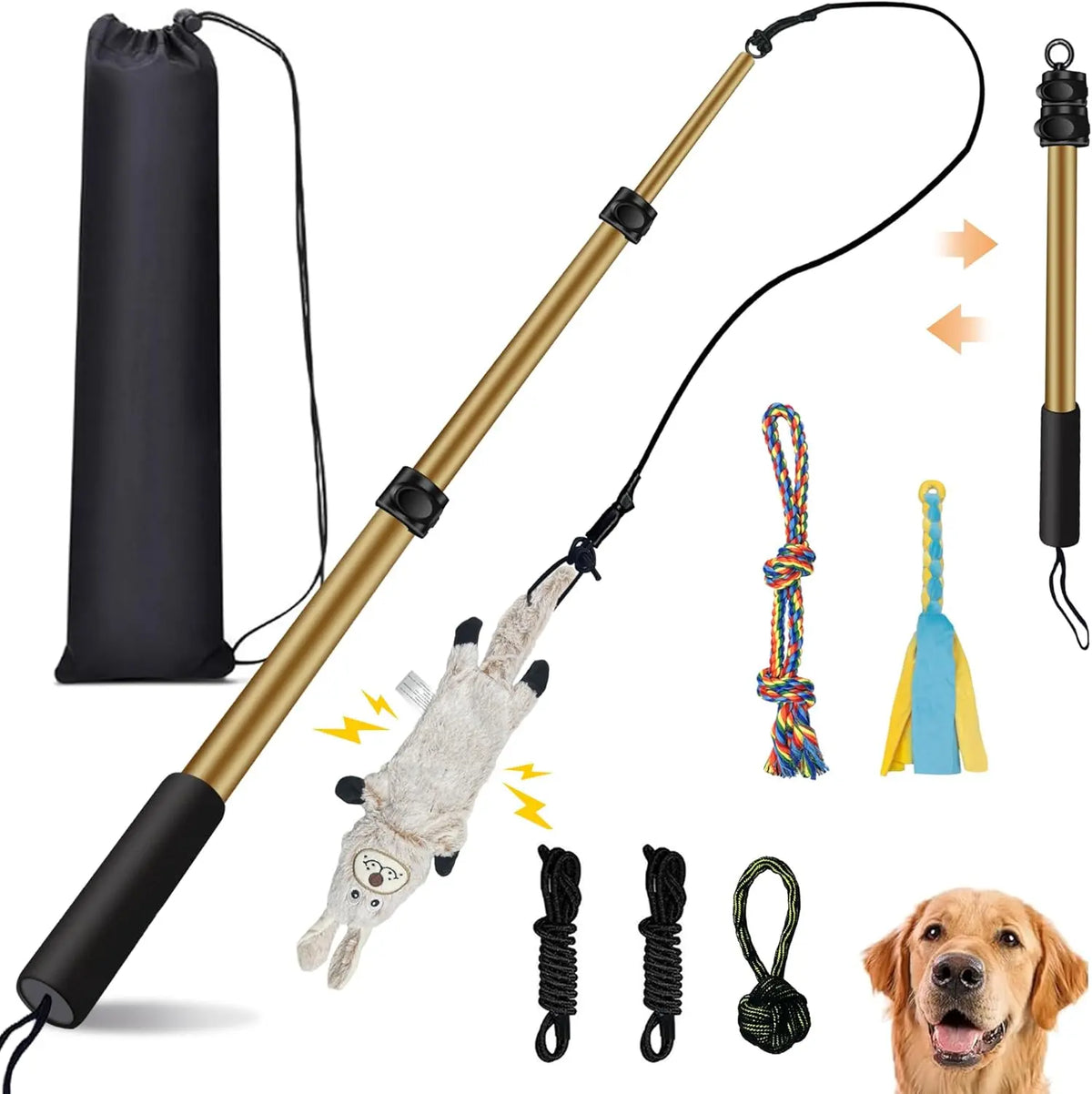 AmaCielo Flirt Pole dog toy with extendable pole, plush toy, ropes, and carrying bag for active play